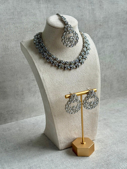 Ayura Designs Urwa Set – Necklace, Earrings & Tikka with Mirror-Cut Stones in Antique Silver Finish