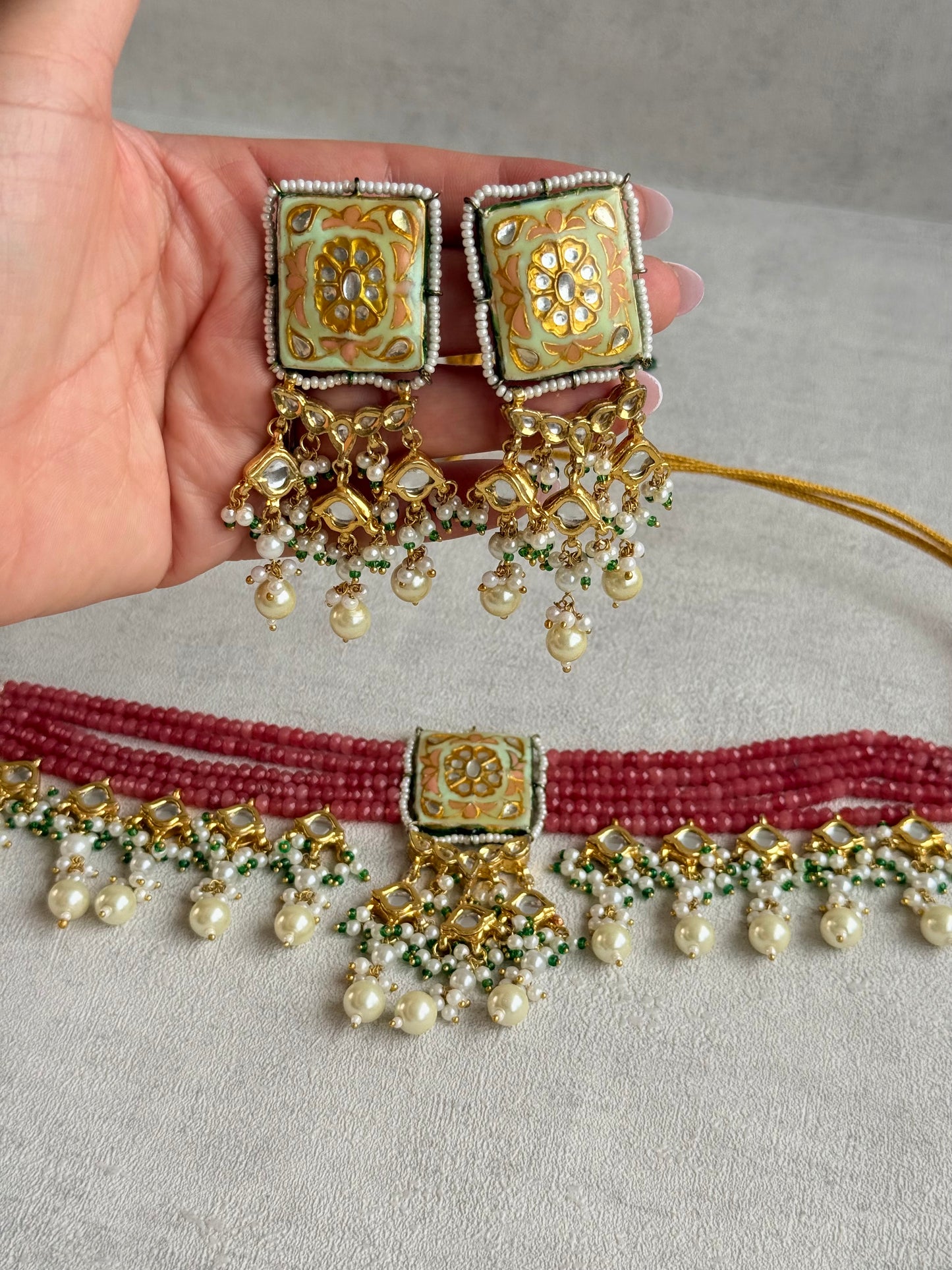 Ayura Designs Sabeera Meenakari Kundan Choker Set with Earrings – Blush Pink Beads & Pearl Detailing