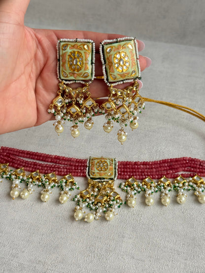 Ayura Designs Sabeera Meenakari Kundan Choker Set with Earrings – Blush Pink Beads & Pearl Detailing