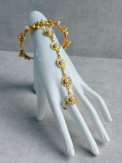Ayura Designs Avanti Haathphool Set of 2 – Gold Finish Floral Hand Harness with Ivory Pearls & Ghungroo Detailing