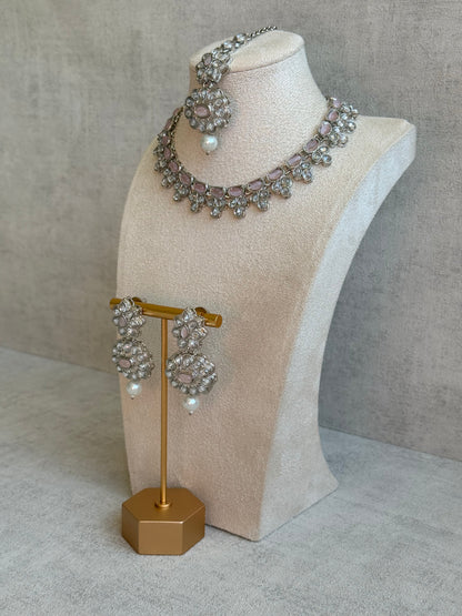 Ayura Designs Sumbul Set with Necklace, Earrings & Tikka – Blush Pink Stones, Mirror-Cut Accents & Pearl Drops