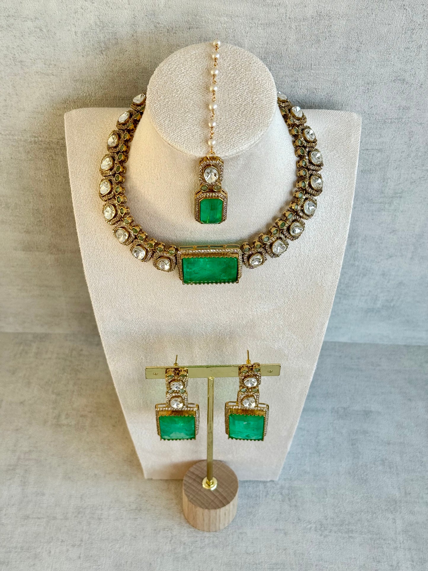 Ayura Designs Clara Set with Earrings & Tikka — Jade Green Moissanite Stones and Antique Gold Finish