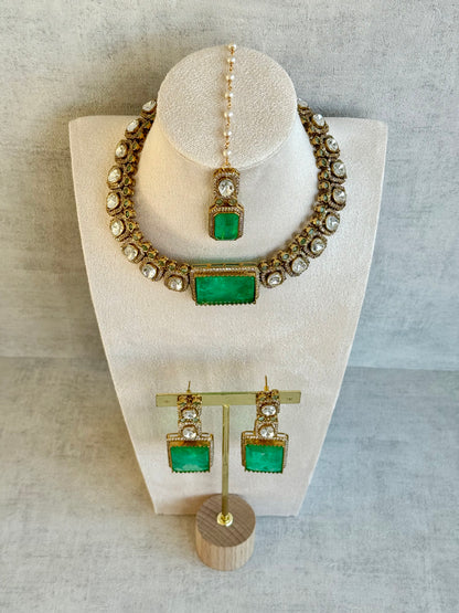 Ayura Designs Clara Set with Earrings & Tikka — Jade Green Moissanite Stones and Antique Gold Finish