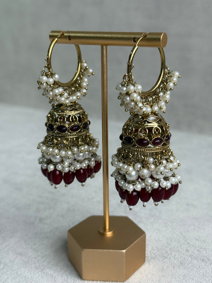 Ayura Designs Jugni Jhumkis – Antique Gold Balis with Maroon Beads & Pearl Clusters