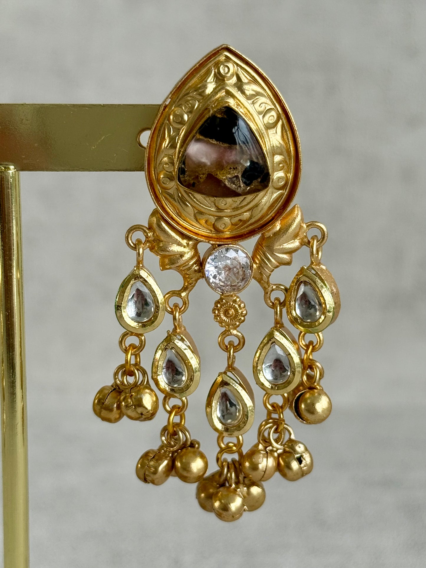 Ayura Designs Arheer Earrings – Onyx & Bronze Marble with Kundan Detailing & Antique Gold Ghungroos
