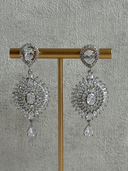 Ayura Designs Bella Set – Silver Necklace & Earrings with Teardrop Moissanite Stones & Radiant Halo Design