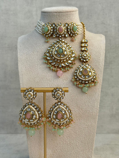 Ayura Designs Tehreem Set with Necklace, Earrings & Tikka – Mirror-Cut Stones, Ruby Red Beads & Antique Gold Finish