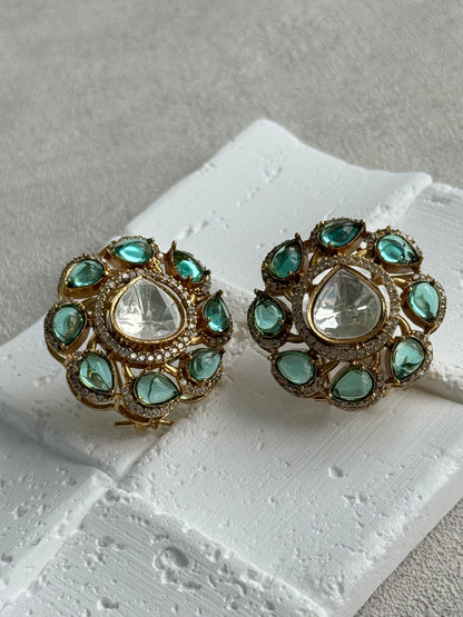 Ayura Designs Giana Stud Earrings – Aqua Green & Crystal Kundan with Gold Finish