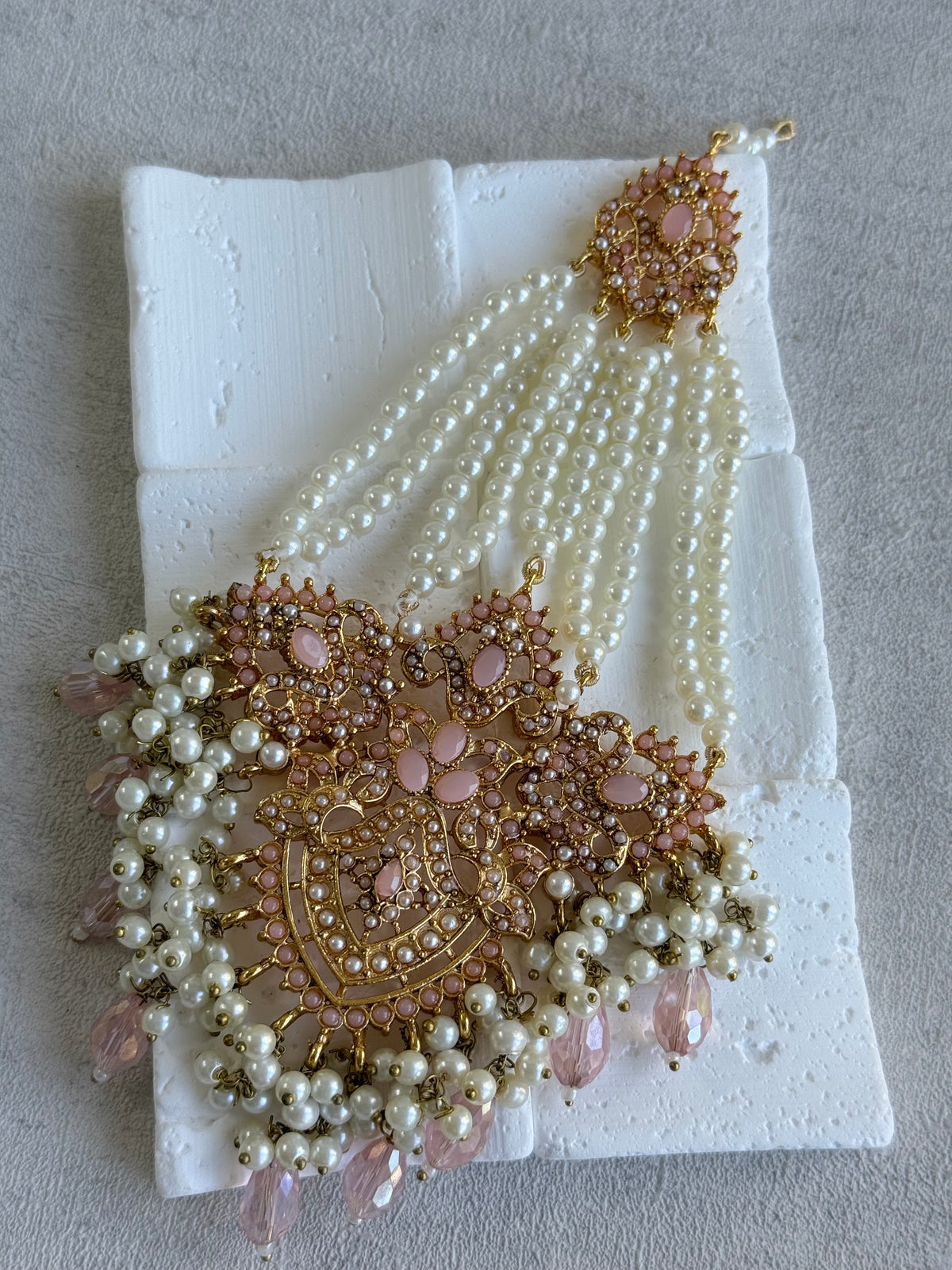 Ayura Designs Zahara Jhoomar Passa – Blush Pink Stones, Ivory Pearls & Gold Finish