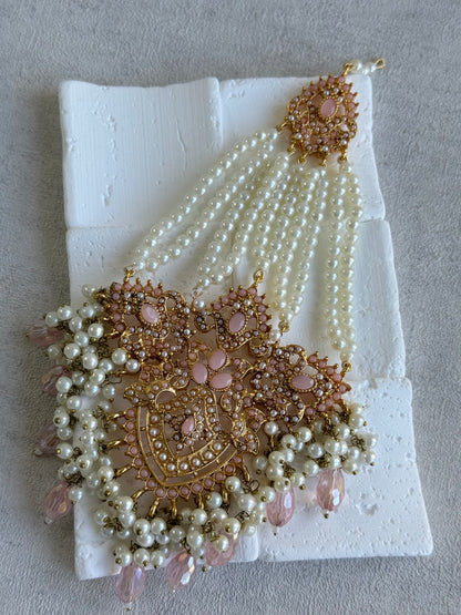 Ayura Designs Zahara Jhoomar Passa – Blush Pink Stones, Ivory Pearls & Gold Finish