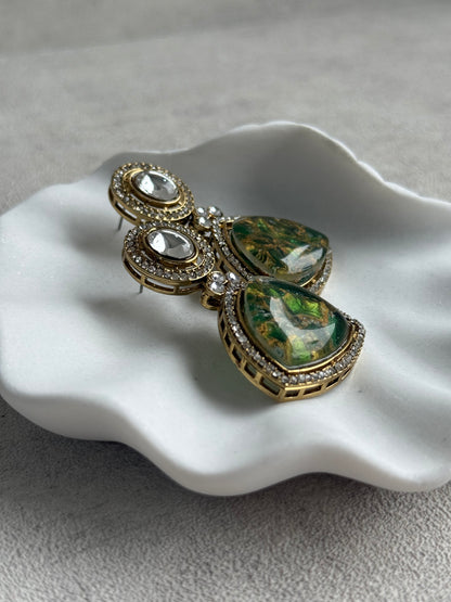 Ayura Designs Florence Earrings – mirror cut studs with Emerald Green Marble Resin & Crystal Borders