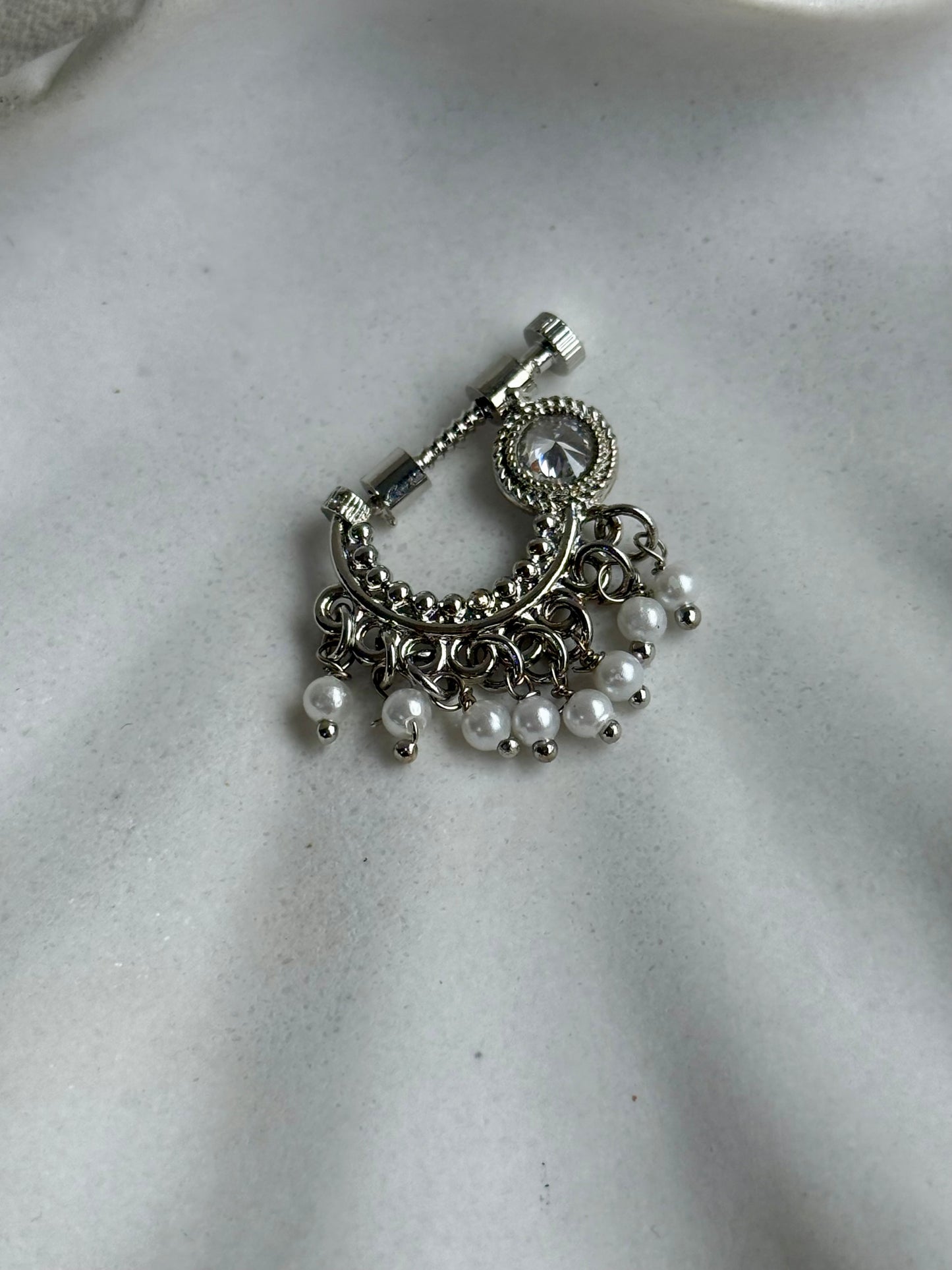 Ayura Designs Jalwa Nose Ring – Silver Finish with Mirror-Cut Stone & Pearl Fringe