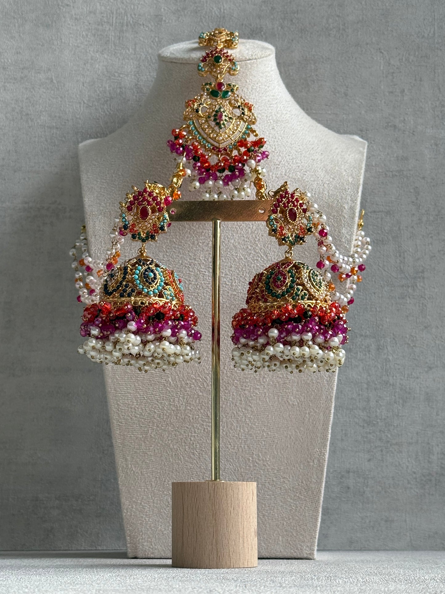 Ayura Designs Safia Tikka Set with Sahare Earrings – Multicolour (Orange, Pink & Ivory Beads)