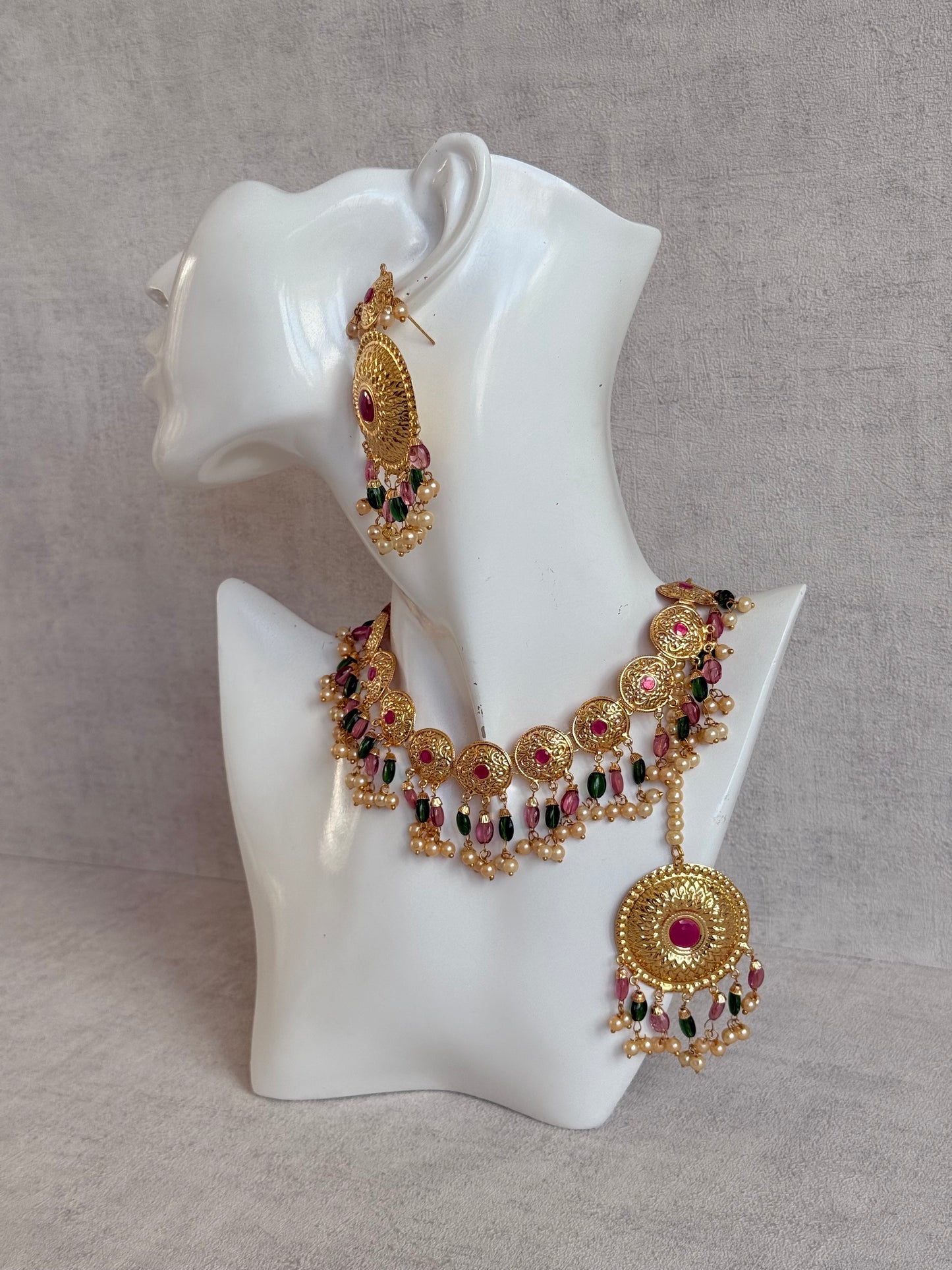 Ayura Designs Jyoti Set with Earrings & Tikka – Gold Disc Necklace with Ruby Pink, Emerald Green & Pearl Detailing