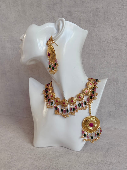 Ayura Designs Jyoti Set with Earrings & Tikka – Gold Disc Necklace with Ruby Pink, Emerald Green & Pearl Detailing