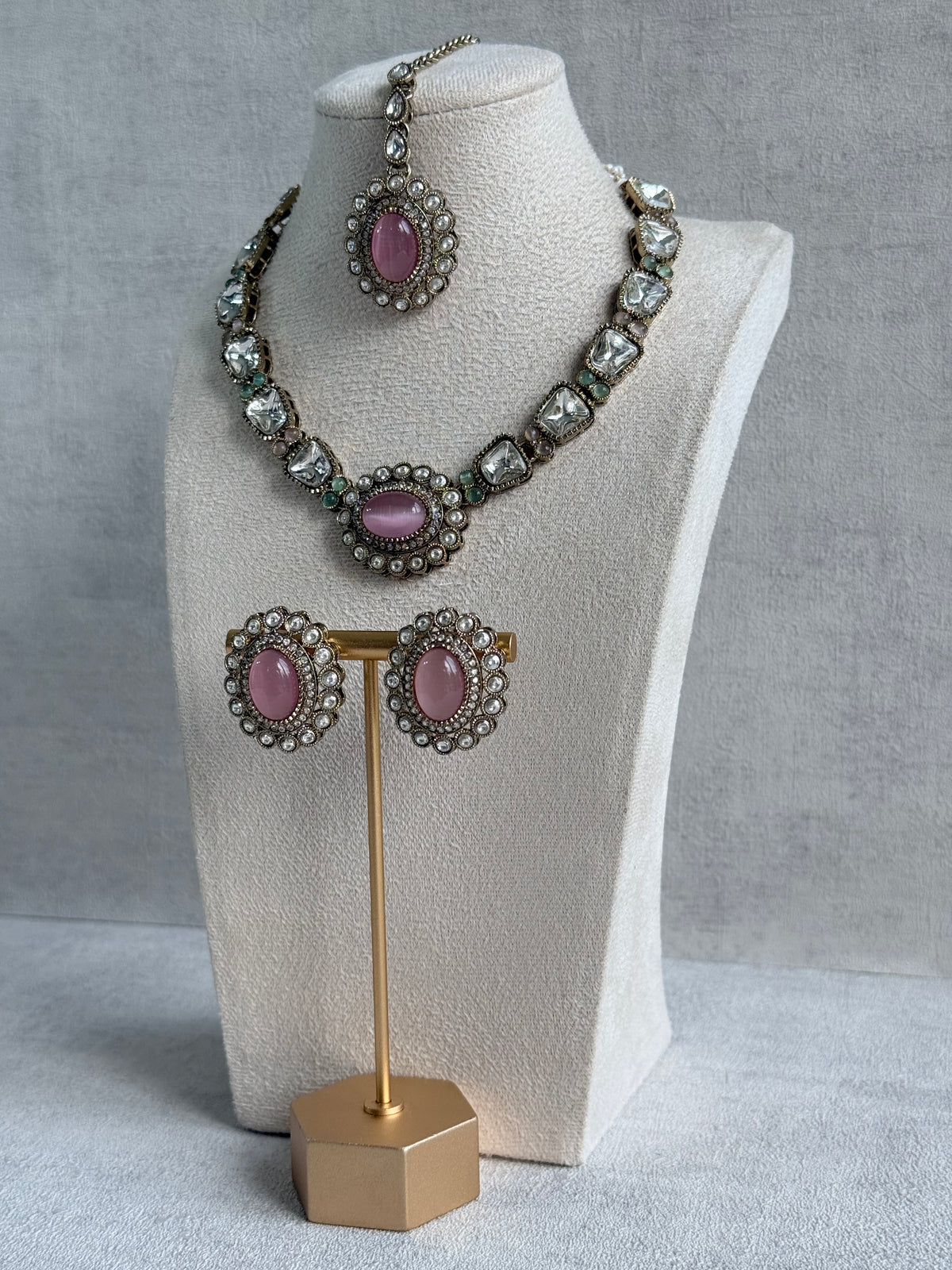 Ayura Designs Inza Necklace Set – Blush Pink & Mint Green Stones, Kundan & Crystals with Antique Gold Finish