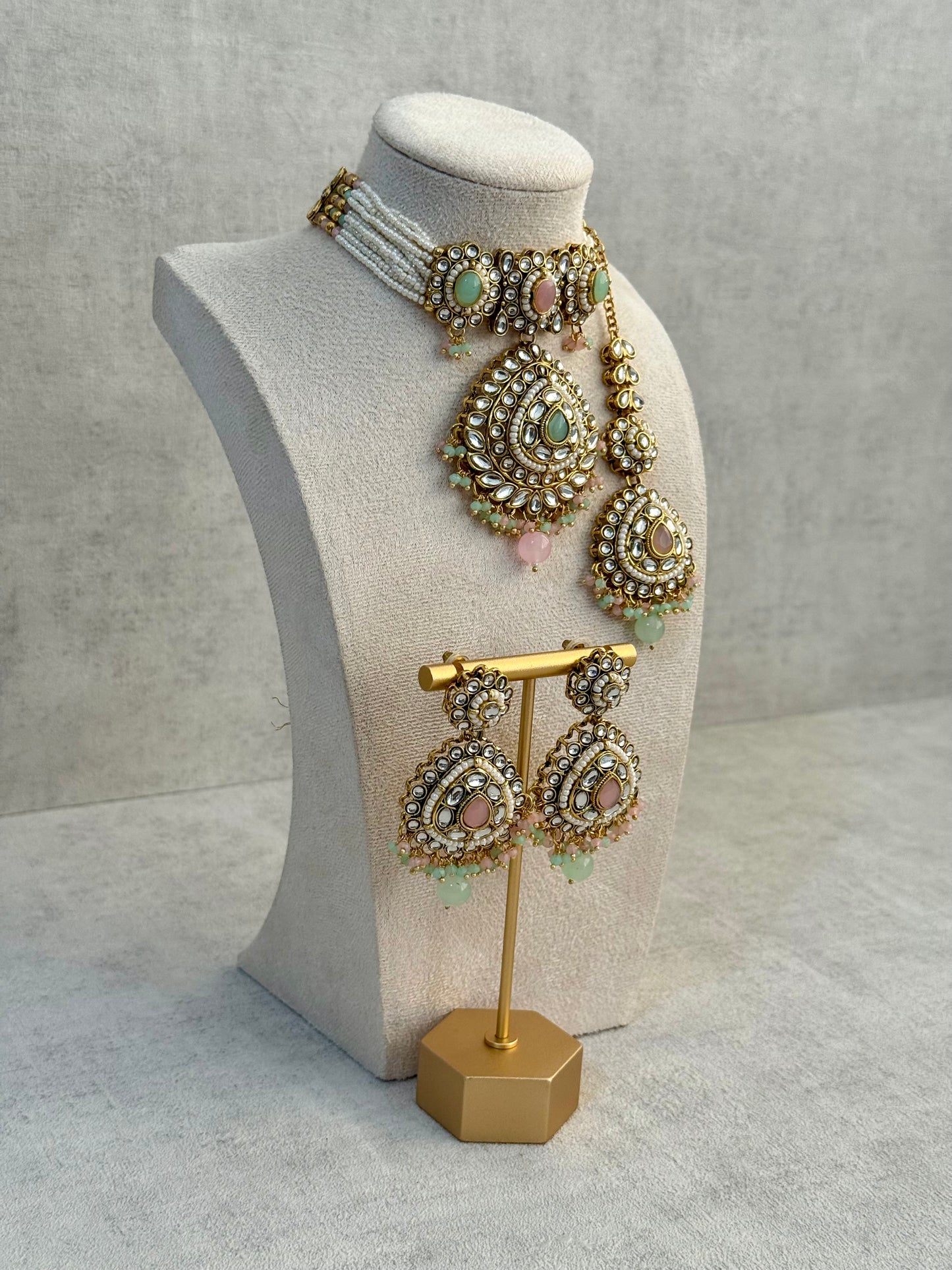 Ayura Designs Tehreem Set with Necklace, Earrings & Tikka – Mirror-Cut Stones, Mint Green & Pink Beads & Antique Gold Finish