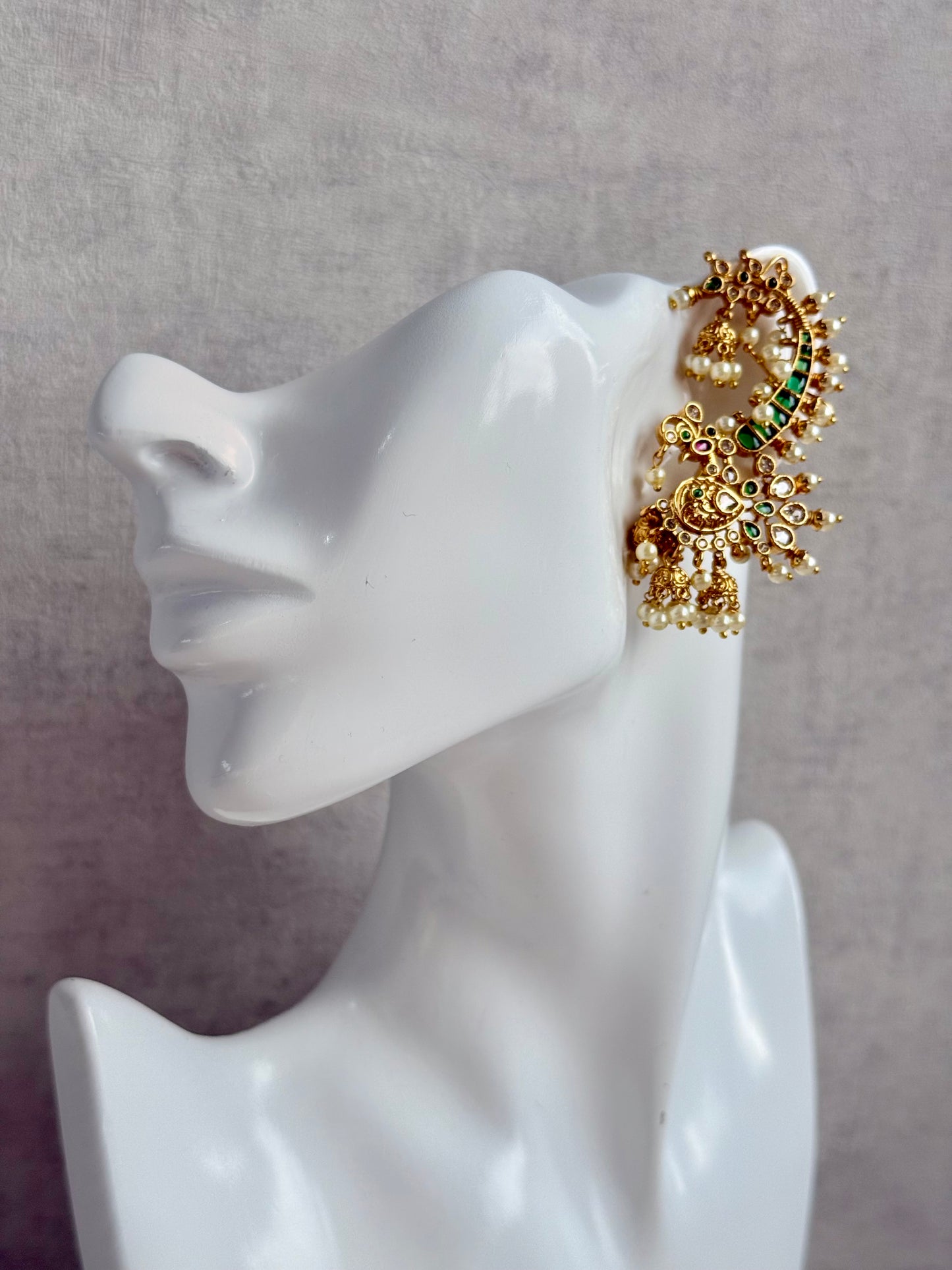 Ayura Designs Megha Half Ear Cuffs – Gold Peacock Motif with Crystal Stones, Emerald & Pink Accents and Pearl Jhumka Drops