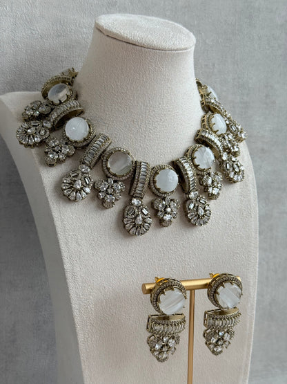 Ayura Designs Aabira Necklace Set with Earrings – White Marble Stones with Moissanite Style Detailing