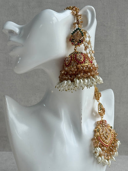 Ayura Designs Safia Tikka Set with Sahare Earrings – Champagne Crystals with Ruby & Emerald