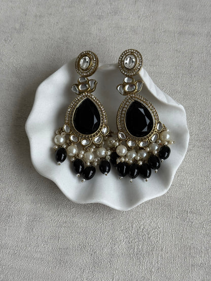 Ayura Designs Nageen Earrings – Antique Gold Jhumkis with Black Stones, Mirror-Cut Accents & Pearl Drops