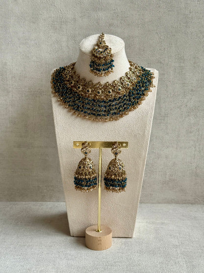 Ayura Designs Mahreen Set – Necklace, Jhumkis & Tikka with Mirror-Cut Stones, Peacock Blue Beads & Gold Finish