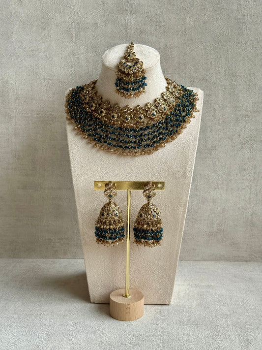 Ayura Designs Mahreen Set – Necklace, Jhumkis & Tikka with Mirror-Cut Stones, Peacock Blue Beads & Gold Finish