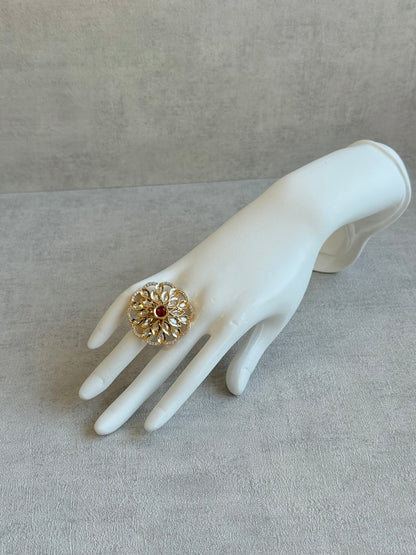 Ayura Designs Elisa Adjustable Ring – Moissanite Floral Ring with Rani Pink Centre & Crystal Border