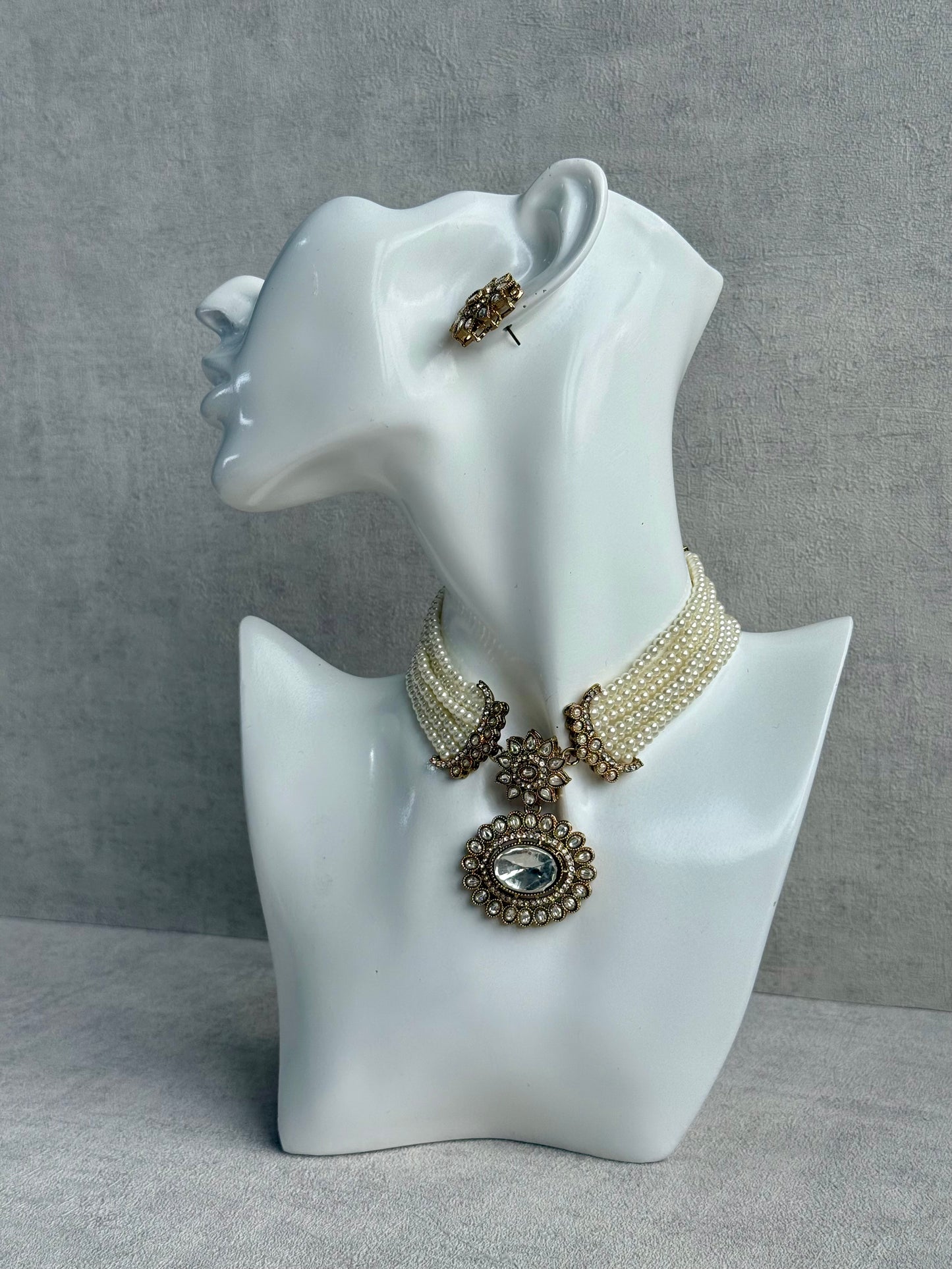 Ayura Designs Amaya Necklace Set with Studs – Antique Finish in Crystal Stones with Pearl Strands