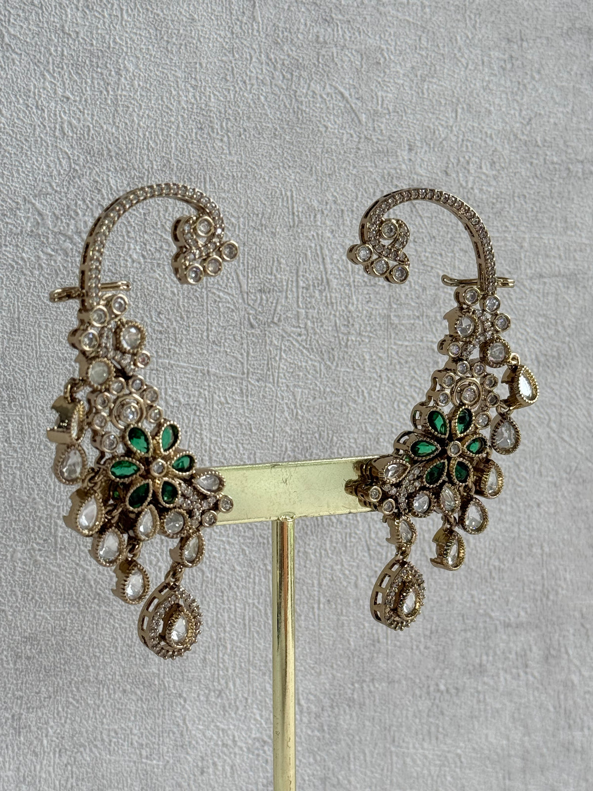 Ayura Designs Aksara Kaanphool Earrings – Emerald Green Stones, Kundan, Crystals & Antique Gold Finish