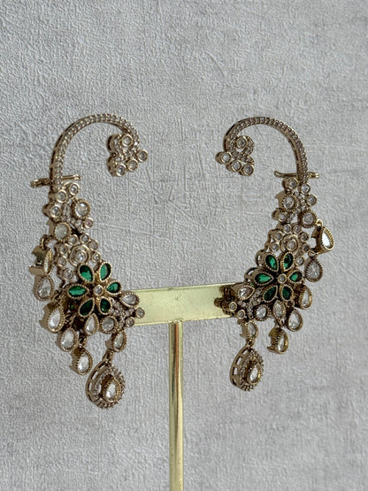 Ayura Designs Aksara Kaanphool Earrings – Emerald Green Stones, Kundan, Crystals & Antique Gold Finish