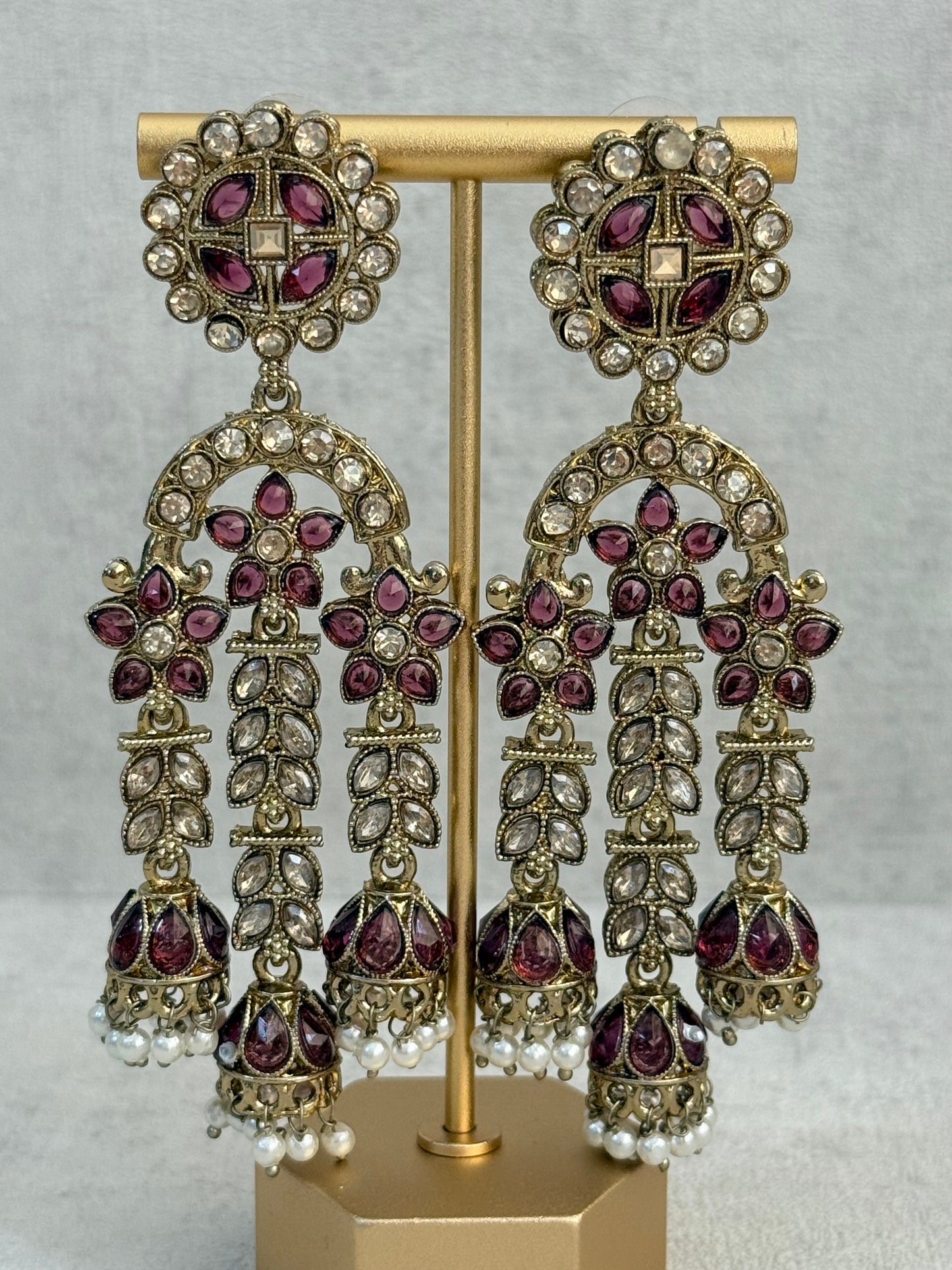 Ayura Designs Soraya Earrings – Deep Berry Stones, Champagne Crystals, Pearl Detailing & Gold Finish