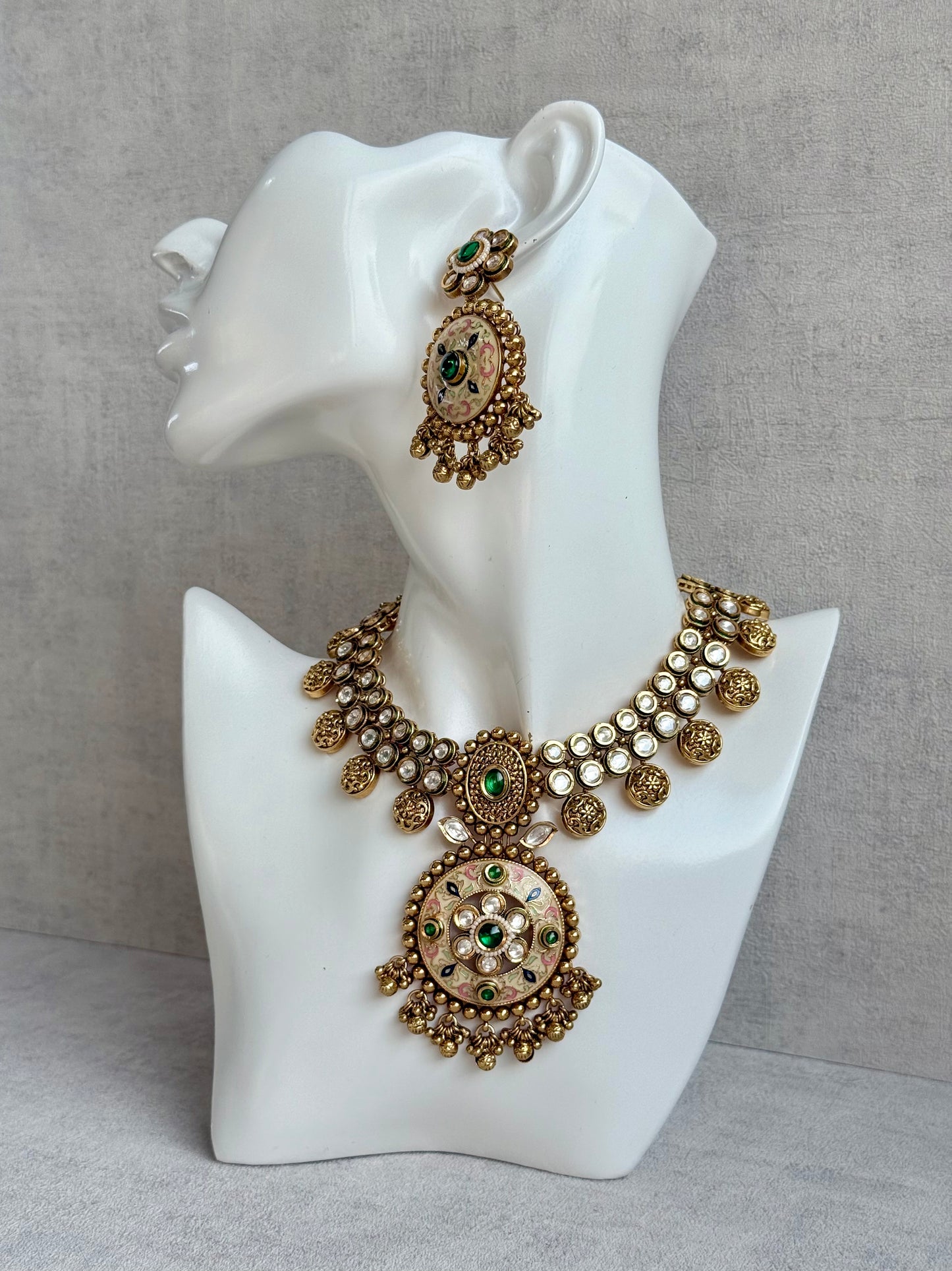 Ayura Designs Zayna Set with Necklace & Earrings – Ivory Meenakari with Emerald Green Stones