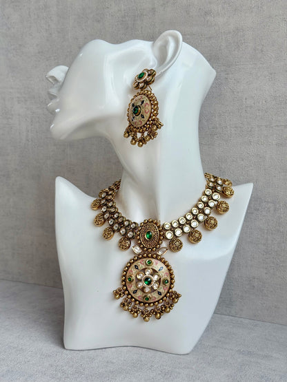 Ayura Designs Zayna Set with Necklace & Earrings – Ivory Meenakari with Emerald Green Stones