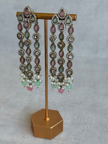 Ayura Designs Emilia Earrings – Gold Triple Strand Statement Earrings with Mint Green & Blush Pink Stones & Pearl Drops