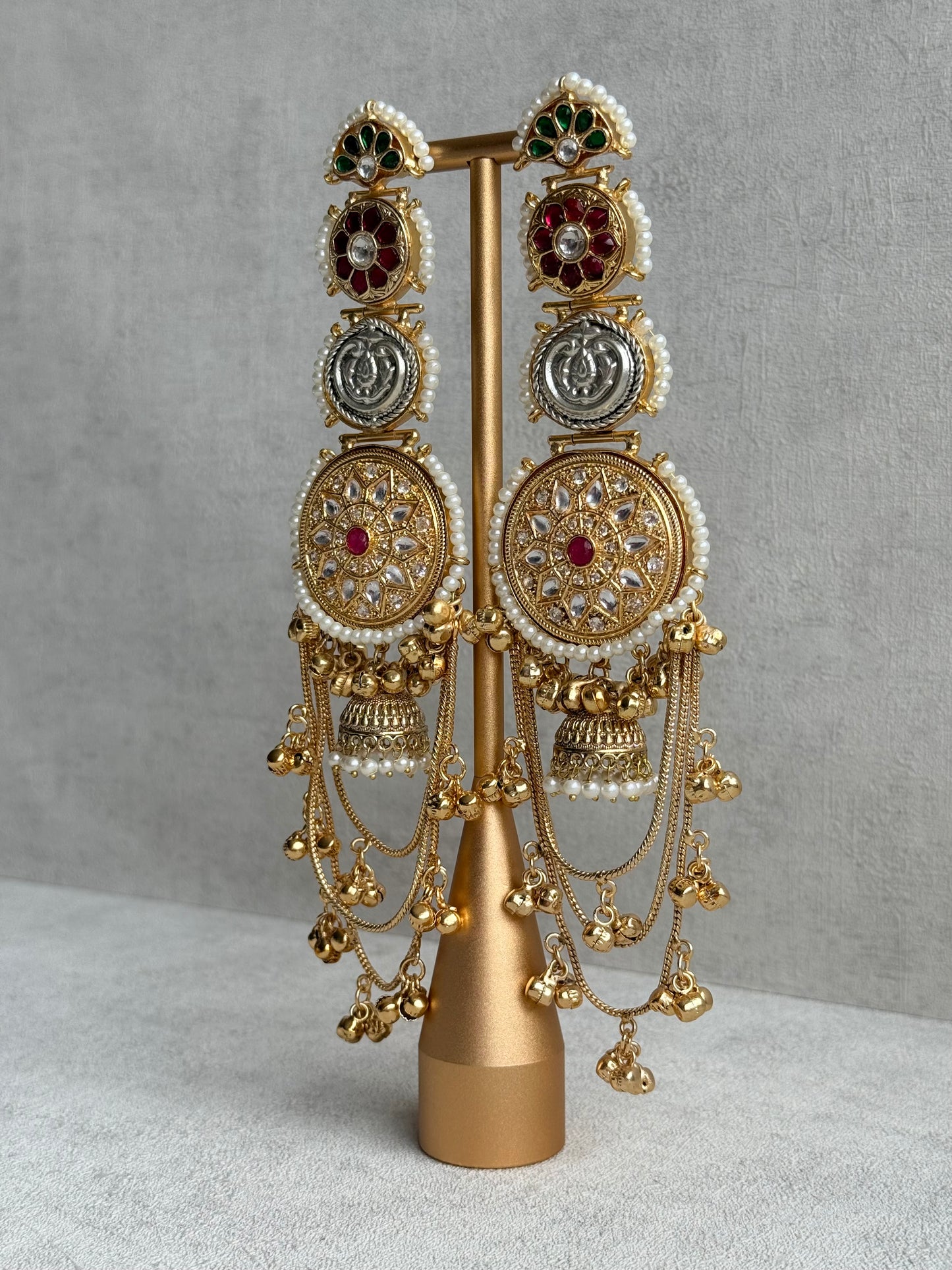 Ayura Designs Zeenia – Statement Kashmiri Earrings with Pearl Borders, Jhumki Drops, Multicolour Meenakari & Ghungroos
