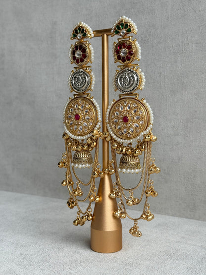 Ayura Designs Zeenia – Statement Kashmiri Earrings with Pearl Borders, Jhumki Drops, Multicolour Meenakari & Ghungroos