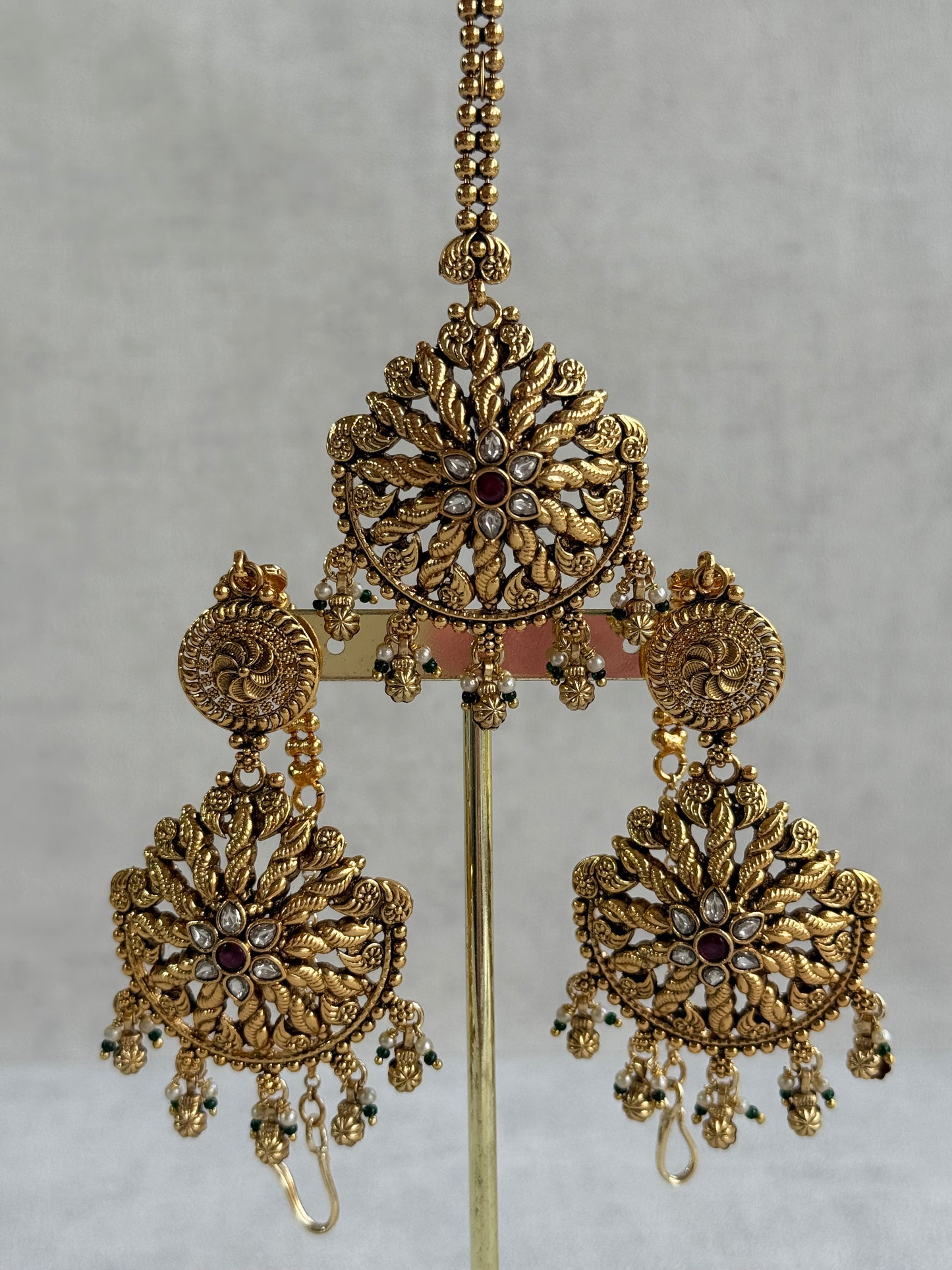 Ayura Designs Survi Tikka Set with Sahare Earrings – Antique Gold with Kundan, Pink Stones, Ivory & Green Beads