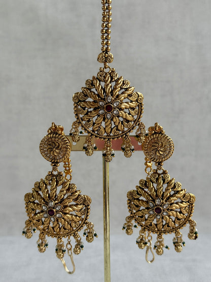 Ayura Designs Survi Tikka Set with Sahare Earrings – Antique Gold with Kundan, Pink Stones, Ivory & Green Beads
