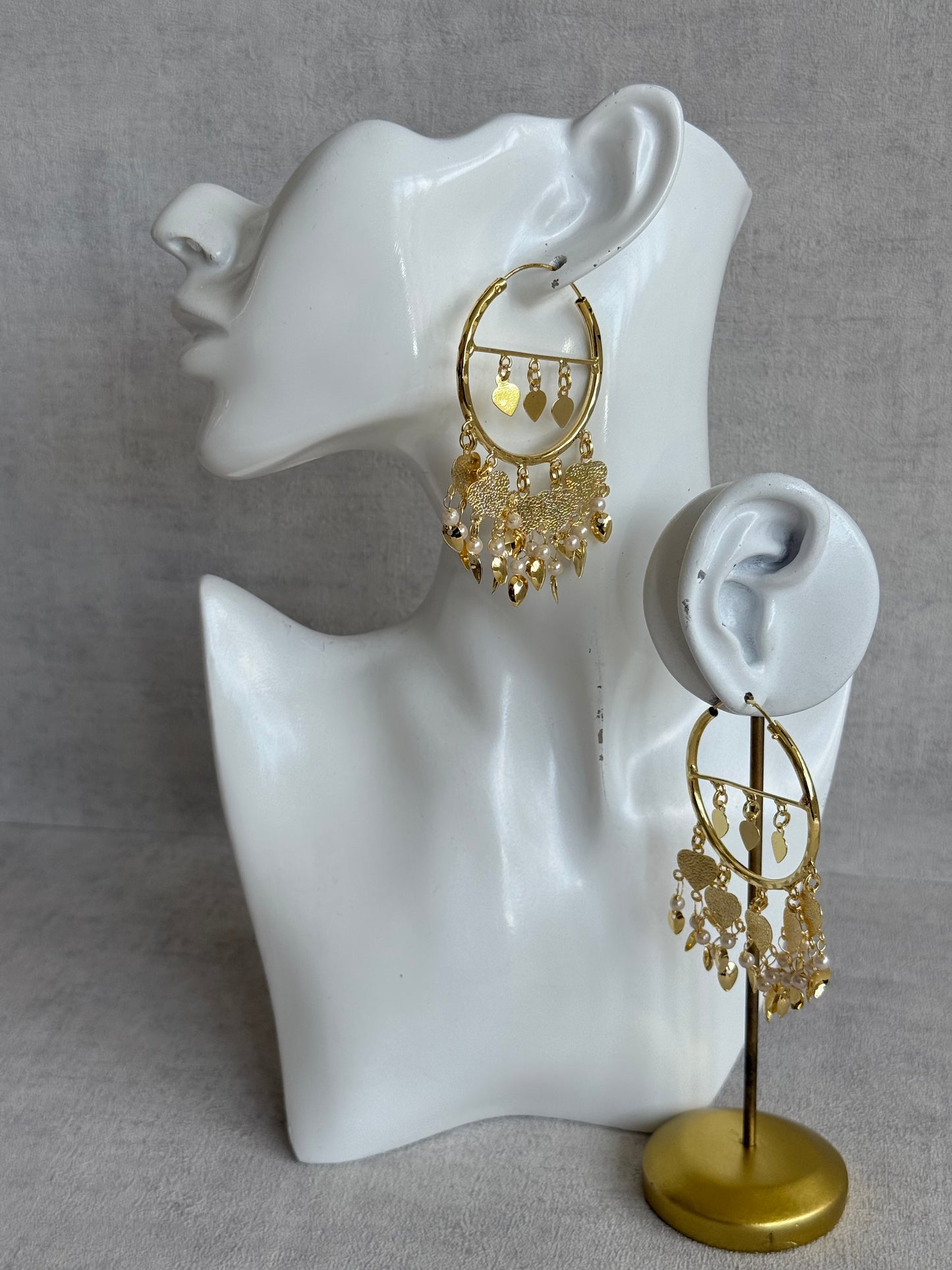 Ayura Designs Dilkash Balis – Gold Pipal Patti Heart Charm Hoop Earrings