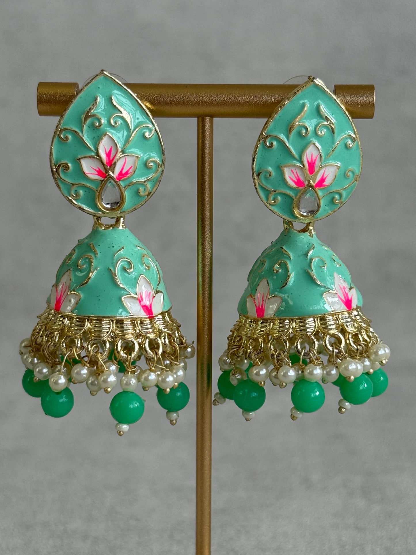 Ayura Designs Gia Jhumkis – Mint Green Meenakari with Pink Lotus Motifs & Ivory Pearl Drops