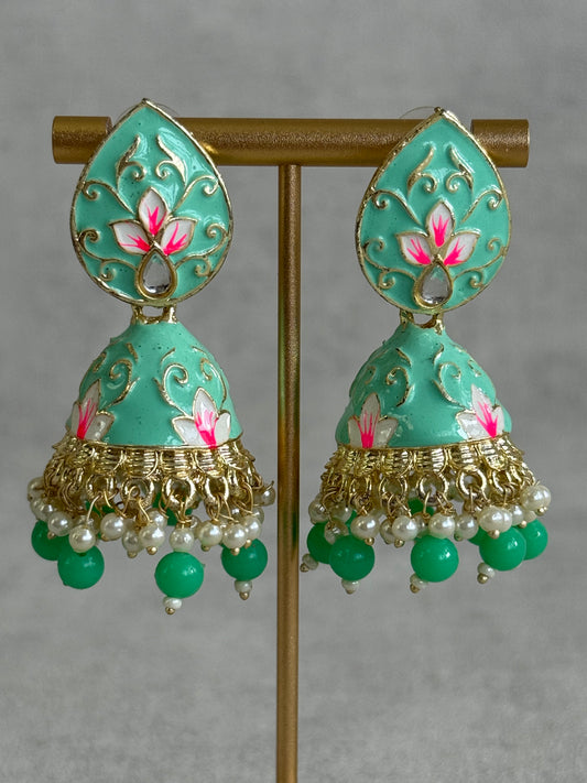 Ayura Designs Gia Jhumkis – Mint Green Meenakari with Pink Lotus Motifs & Ivory Pearl Drops