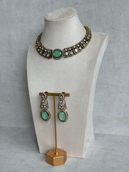 Ayura Designs Sadie Necklace Set with Earrings – Mint Green Centre Stone, Moissanite Style Stones & Crystal Halo Detailing