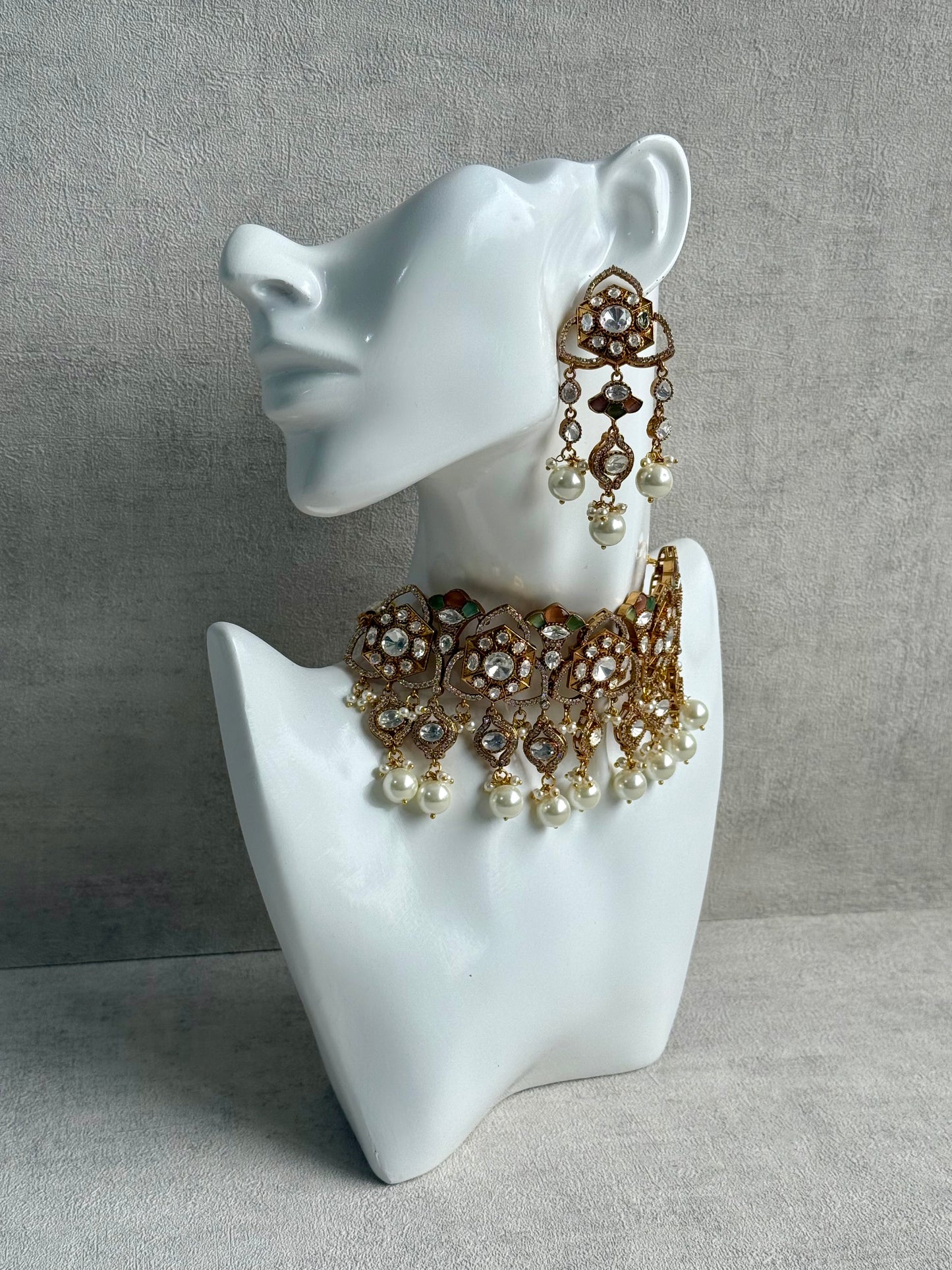 Ayura Designs Serina Choker Set with Earrings – Peach & Pistachio Enamel, Mirror-Cut Stones & Pearl Drops