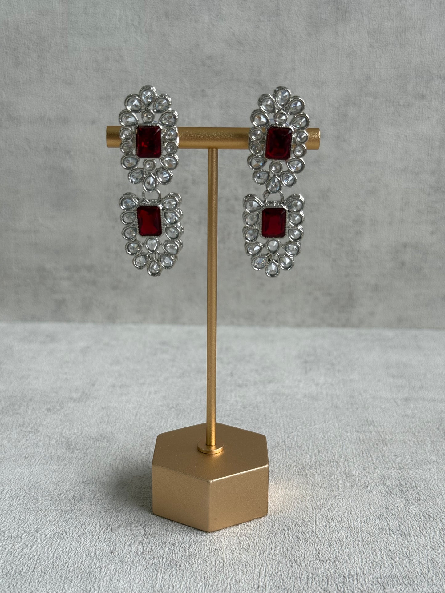 Ayura Designs Zinnia Set – Necklace, Earrings & Tikka with Ruby Red Stones and Mirror-Cut Polki in Silver Finish