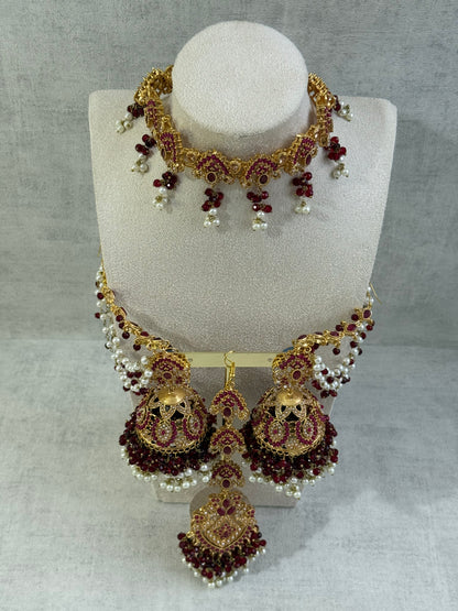 Ayura Designs Noor Set – Choker, Jhumkis with Sahare & Tikka in Maroon with Pearl Detailing
