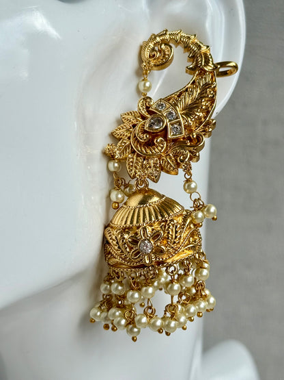 Ayura Designs Anika Jhumkis – Gold Half Ear Cuffs with Floral Motif, Kundan Crystals & Pearl Jhumka Drops