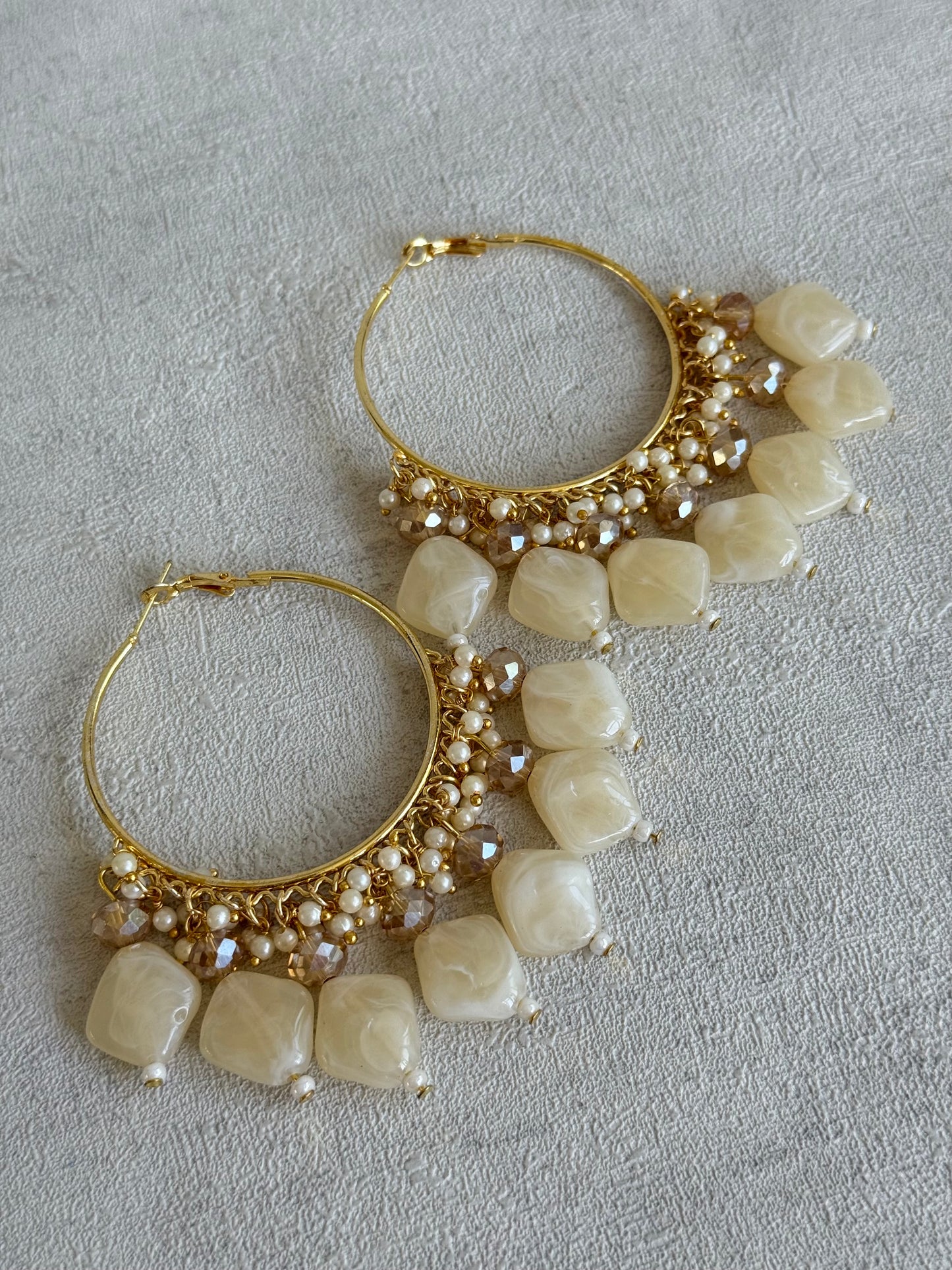 Ayura Designs Heer Balis – Gold Hoops with Ivory Pearl Marble Beads, Pearls & Crystal Detailing