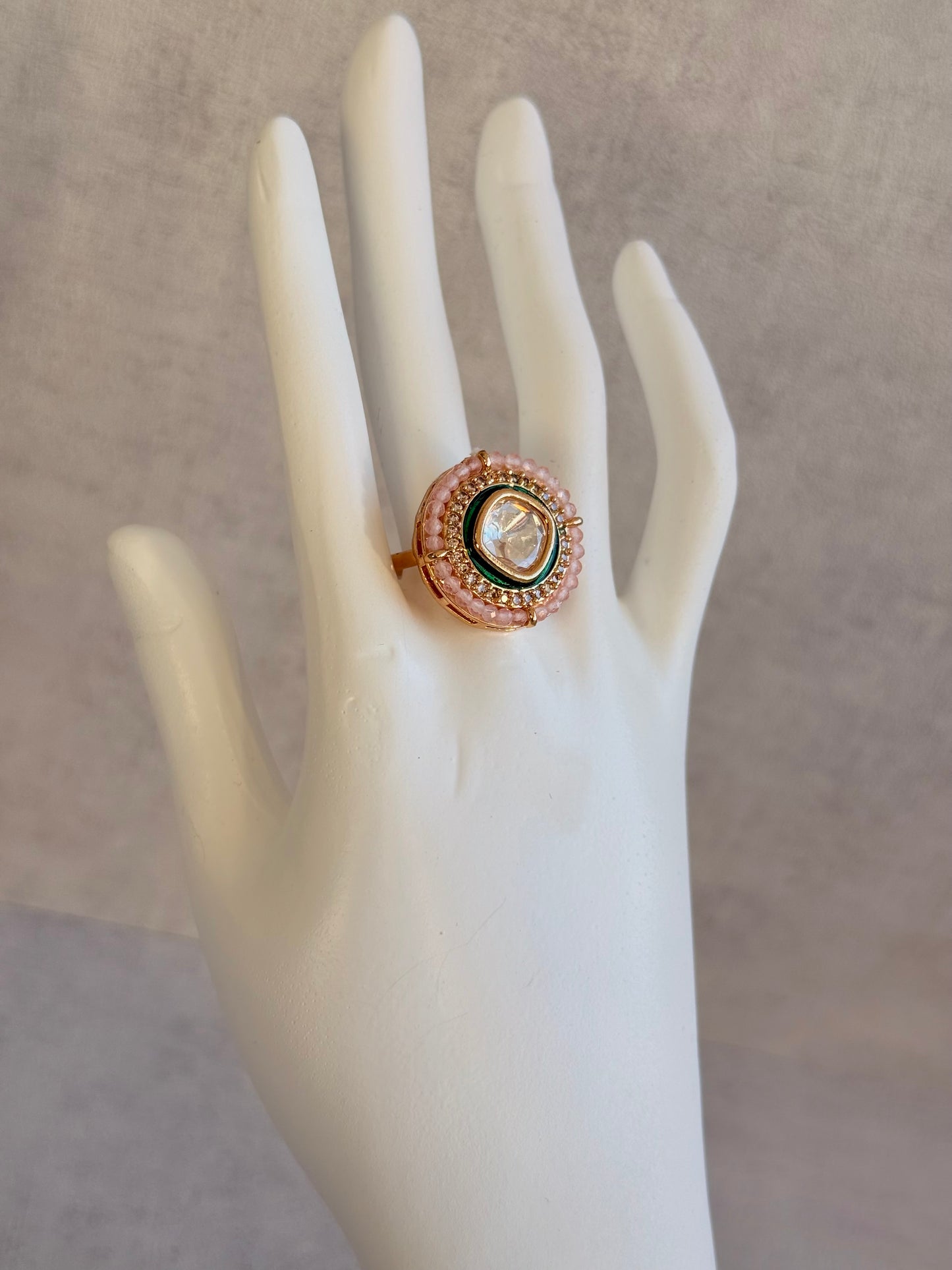 Ayura Designs Roselle Adjustable Ring – Moissanite Centre with Crystal Border & Blush Pink Beads