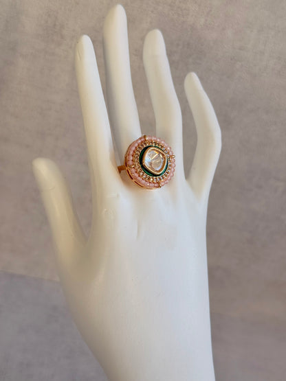 Ayura Designs Roselle Adjustable Ring – Moissanite Centre with Crystal Border & Blush Pink Beads